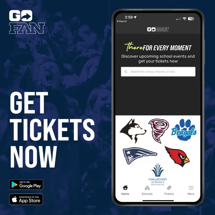 Get Tickets Now graphic with a cell phone including all five high school logos 