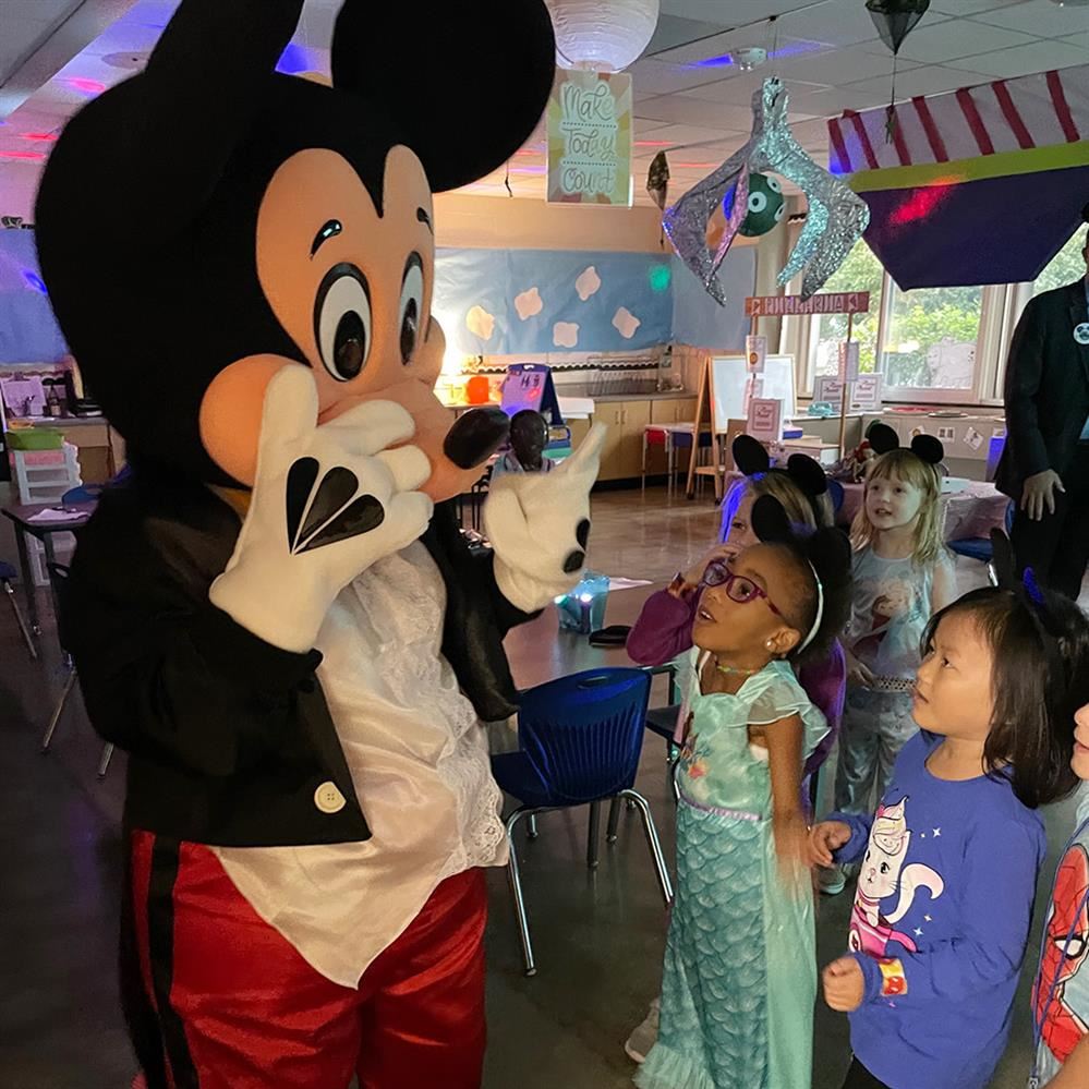 Kindergarten students at Hamilton Elementary school meet Mickey Mouse 